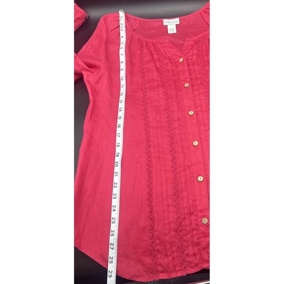 Soft Surroundings Pink Linen Roll Tab Sleeve Button Down Pleated Blouse Sz M - Picture 11 of 11